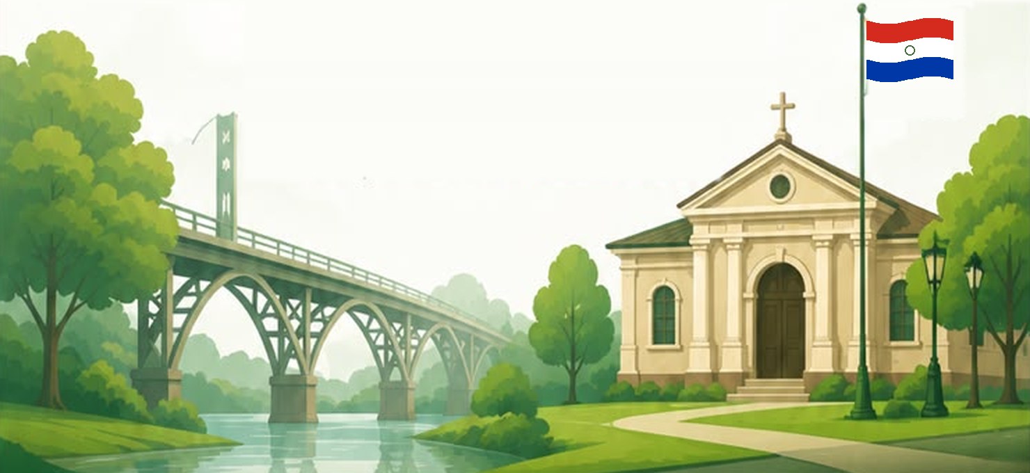 Ilustración de un puente sobre el río y un edificio histórico de Curuguaty